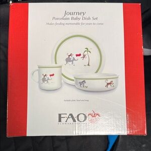 FAO Journey Porcelain Baby Dish Set - White with Green Trim and Animal Motifs